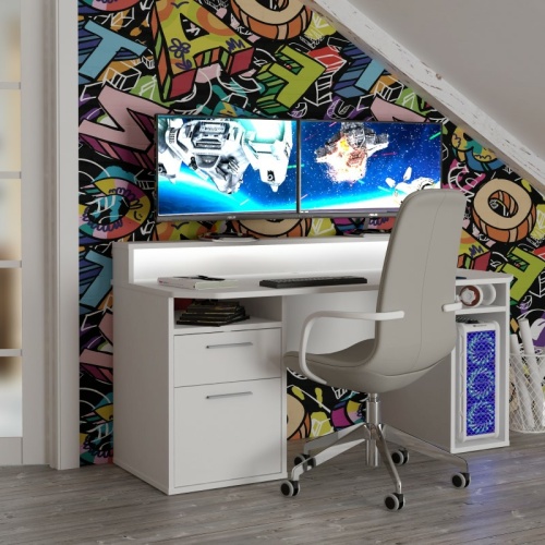 Tez Gaming Desk with Blue LED in White
