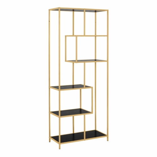 Seaford Tall Gold Bookcase 5 Black Shelves